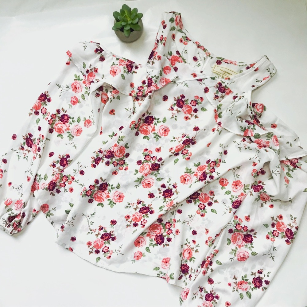 No Comment • Cold Shoulder White Floral Blouse